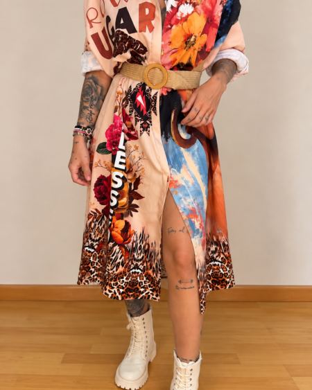 Camisa larga estampada animal print y flores - Vestido camisero