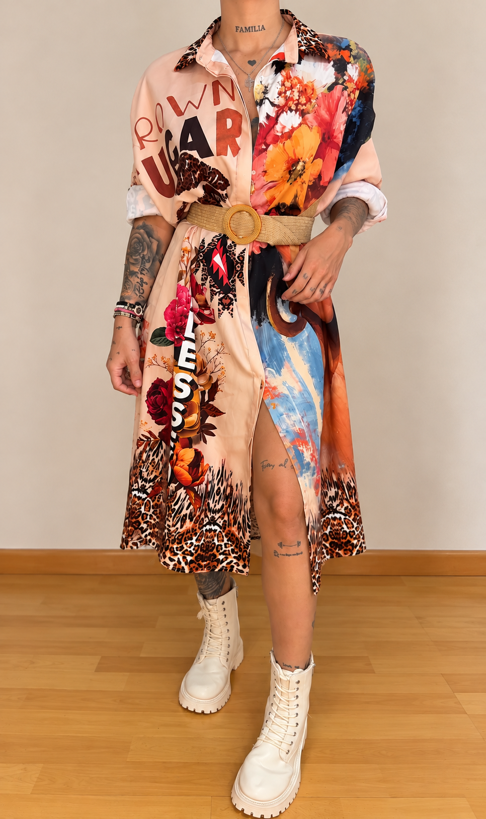 Camisa larga estampada animal print y flores - Vestido camisero