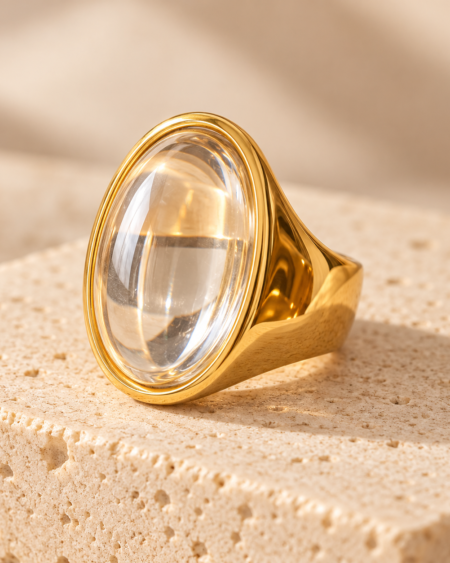 Anillo Dorado con Cristal Ovalado Transparente